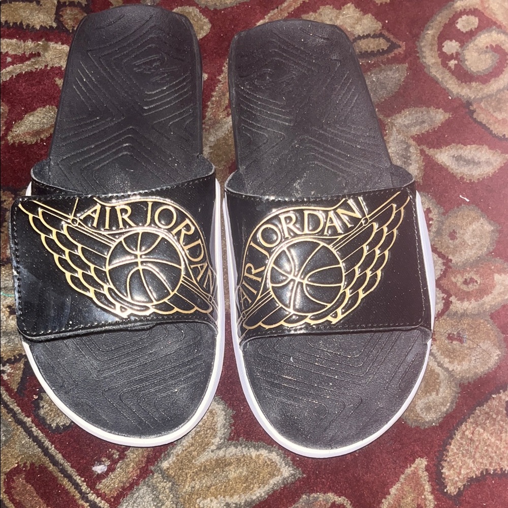 Jordan Slides in Black with Gold Detailing